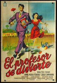3t763 POPPY Argentinean movie poster '52 wacky art of man with flower & pretty woman walking duck!