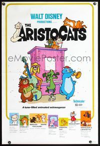 3u037 ARISTOCATS one-sheet movie poster R80 Walt Disney feline jazz musical cartoon, great image!