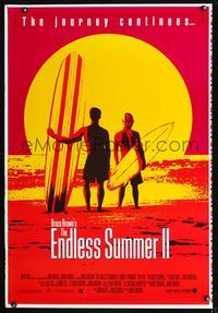 3u150 ENDLESS SUMMER 2 printer's test 1sh '94 image of surfers with boards on the beach at sunset!