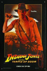 3u256 INDIANA JONES & THE TEMPLE OF DOOM black teaser 1sh '84 cool image of Harrison Ford as Indy!