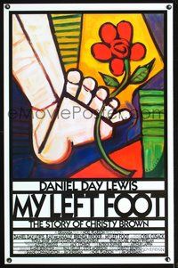 3u370 MY LEFT FOOT int'l 1sh '89 Daniel Day-Lewis, cool artwork of foot w/flower by Seltzer!