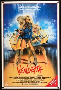 3u629 VENDETTA video advance one-sheet poster '86 art of sexy Karen Chase with machine gun by Joann!