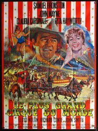 3v477 CIRCUS WORLD French 1panel '65 different art of Claudia Cardinale & John Wayne by Jean Mascii!
