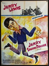 3v645 PATSY French 1p '64 wacky art of Jerry Lewis hanging from strings like a puppet by Grinsson!