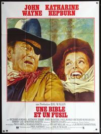 3v662 ROOSTER COGBURN French one-panel movie poster '75 great art of John Wayne & Katharine Hepburn!
