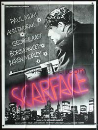 3v666 SCARFACE French one-panel poster R70s Howard Hawks, great image of Paul Muni with machine gun!
