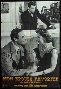 3v414 MY FAVORITE WIFE French 31x43 R60s Cary Grant watches Irene Dunne & Randolph Scott on couch!