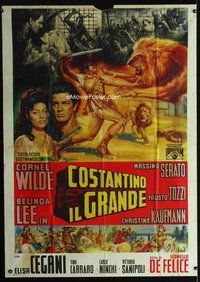 3v231 CONSTANTINE & THE CROSS Italian 1panel '62 really cool art of Cornel Wilde battling huge lion!