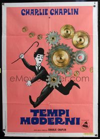 3v295 MODERN TIMES Italian one-panel poster R72 wonderful art of Charlie Chaplin with cane by gears!