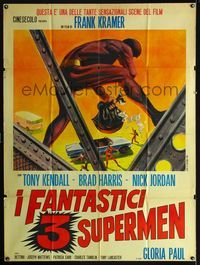 3v348 THREE FANTASTIC SUPERMEN Italian 1panel '67 I Fantastici tre supermen, cool costumed hero art!