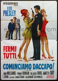 3v149 DOUBLE TROUBLE Italian 2p '68 completely different art of Elvis Presley w/gun & sexy babes!