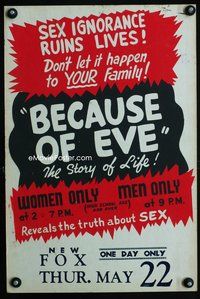 3v011 BECAUSE OF EVE window card '48 sex ignorance ruins lives, don't let it happen to YOUR family!