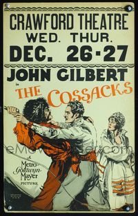 3v034 COSSACKS window card '28 great art of John Gilbert defending Renee Adoree from Russian brute!