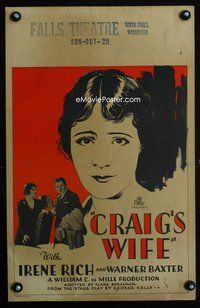 3v036 CRAIG'S WIFE window card '28 artwork of Irene Rich at Harriet Craig & Warner Baxter by Hill!