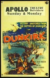 3v041 DUNKIRK window card '58 great World War II art of thousands of armed soldiers coming ashore!