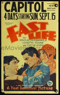 3v048 FAST LIFE window card '29 great art of Douglas Fairbanks Jr., Loretta Young & Chester Morris!