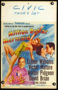 3v084 MILLION DOLLAR MERMAID window card '52 sexy swimmer Esther Williams in swimsuit & crown!