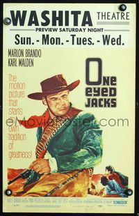 3v091 ONE EYED JACKS WC '61 great artwork of star & director Marlon Brando with gun & bandolier!