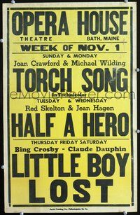 3v095 OPERA HOUSE THEATRE NOVEMBER 1ST local theater WC '53 Torch Song, Half a Hero, Little Boy Lost