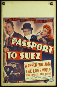 3v097 PASSPORT TO SUEZ window card poster '43 Warren William as The Lone Wolf blasts a spy ring!