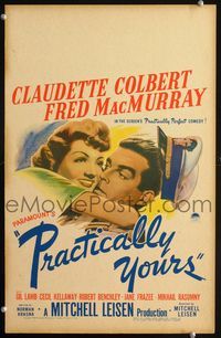 3v099 PRACTICALLY YOURS WC '44 art of Claudette Colbert hugging Air Force pilot Fred MacMurray!