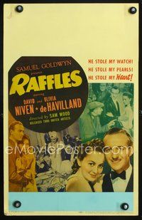 3v102 RAFFLES window card movie poster '39 many images of David Niven & pretty Olivia de Havilland!