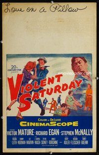 3v123 VIOLENT SATURDAY WC '55 cool art of girl pistol-whipped, directed by Richard Fleischer!