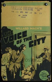 3v124 VOICE OF THE CITY window card '29 early detective talkie murder mystery, cool crime artwork!