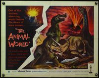 3x272 ANIMAL WORLD half-sheet movie poster '56 great artwork of dinosaurs & erupting volcano!