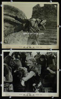 3y910 VIKINGS 2 8x10s '58 great image of brute Kirk Douglas lifting man over his head, Janet Leigh!