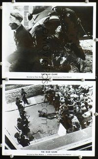 3y927 WAR GAME 2 8x10s '65 nuclear war documentary, images of protesters & badly wounded soldier!