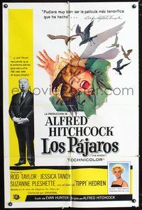 3z087 BIRDS Spanish/U.S. one-sheet '63 Alfred Hitchcock shown, art of Tippi Hedren attacked by birds!