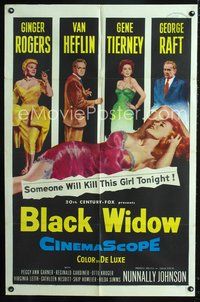 3z092 BLACK WIDOW one-sheet '54 Ginger Rogers, Gene Tierney, Van Heflin, George Raft, sexy art!