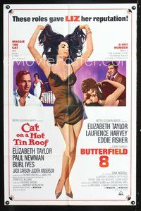 3z142 CAT ON A HOT TIN ROOF/BUTTERFIELD 8 1sheet '66 art of super sexy Elizabeth Taylor in nightie!