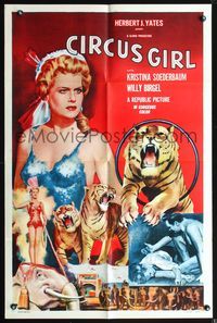 3z156 CIRCUS GIRL one-sheet '56 cool art of sexy Kristina Soederbaum with circus tigers & elephants!