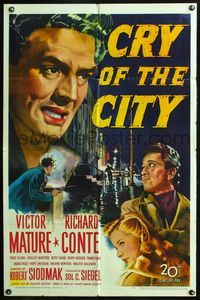 3z189 CRY OF THE CITY 1sh '48 film noir, cool c/u of Victor Mature, Richard Conte, Shelley Winters