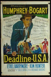 3z209 DEADLINE-U.S.A. one-sheet '52 newspaper editor Humphrey Bogart, best journalism movie ever!