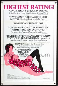 3z227 DIVERSIONS one-sheet movie poster '76 x-rated, cool sexy art design of title over nude woman!