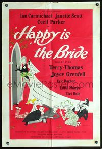 3z433 HAPPY IS THE BRIDE English 1sheet '58 Roy Boulting English wedding comedy, wacky Ffolkes art!