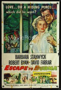 3z272 ESCAPE TO BURMA one-sheet poster '55 romantic art of Robert Ryan & Barbara Stanwyck in India!