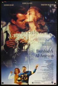 3z276 EVERYBODY'S ALL-AMERICAN 1sheet '88 close-up of football player Dennis Quaid, Jessica Lange!