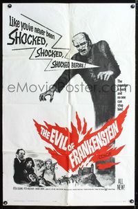 3z277 EVIL OF FRANKENSTEIN one-sheet '64 Peter Cushing, Hammer, he's back and no one can stop him!