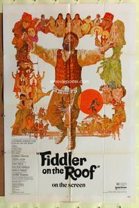 3z299 FIDDLER ON THE ROOF one-sheet movie poster '72 cool artwork of Topol & cast by Ted CoConis!