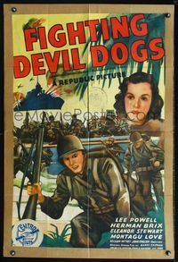 3z301 FIGHTING DEVIL DOGS kraft one-sheet '44 Herman Brix, cool art of soldiers landing on beach!