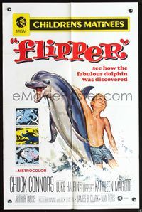 3z319 FLIPPER one-sheet R70 Chuck Connors, Luke Halpin, cool art of boy & the fabulous dolphin!