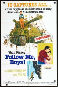 3z327 FOLLOW ME BOYS 1sh R76 art of Fred MacMurray tied to tank, Kurt Russell, Disney, Boy Scouts!