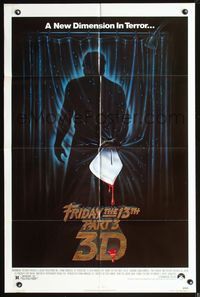 3z353 FRIDAY THE 13th 3 - 3D one-sheet '82 slasher sequel, art of Jason stabbing through shower!