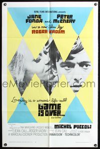 3z368 GAME IS OVER one-sheet '67 Roger Vadim's La Curee, Jane Fonda, Peter McEnery, cool design!