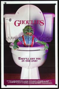 3z386 GHOULIES one-sheet '85 wacky horror image of goblin in toilet, they'll get you in the end!