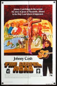 3z406 GOSPEL ROAD one-sheet '73 artwork of Biblical Johnny Cash with guitar & scenes of Jesus!